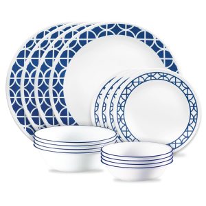 Corelle® Cobalt Circles 16-piece Mugless Dinnerware Set. Service of 4